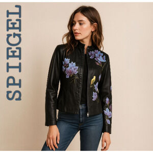 Spiegel Leather Jacket Zip Front Hand Painted Floral Bird Black Dark Academia 4